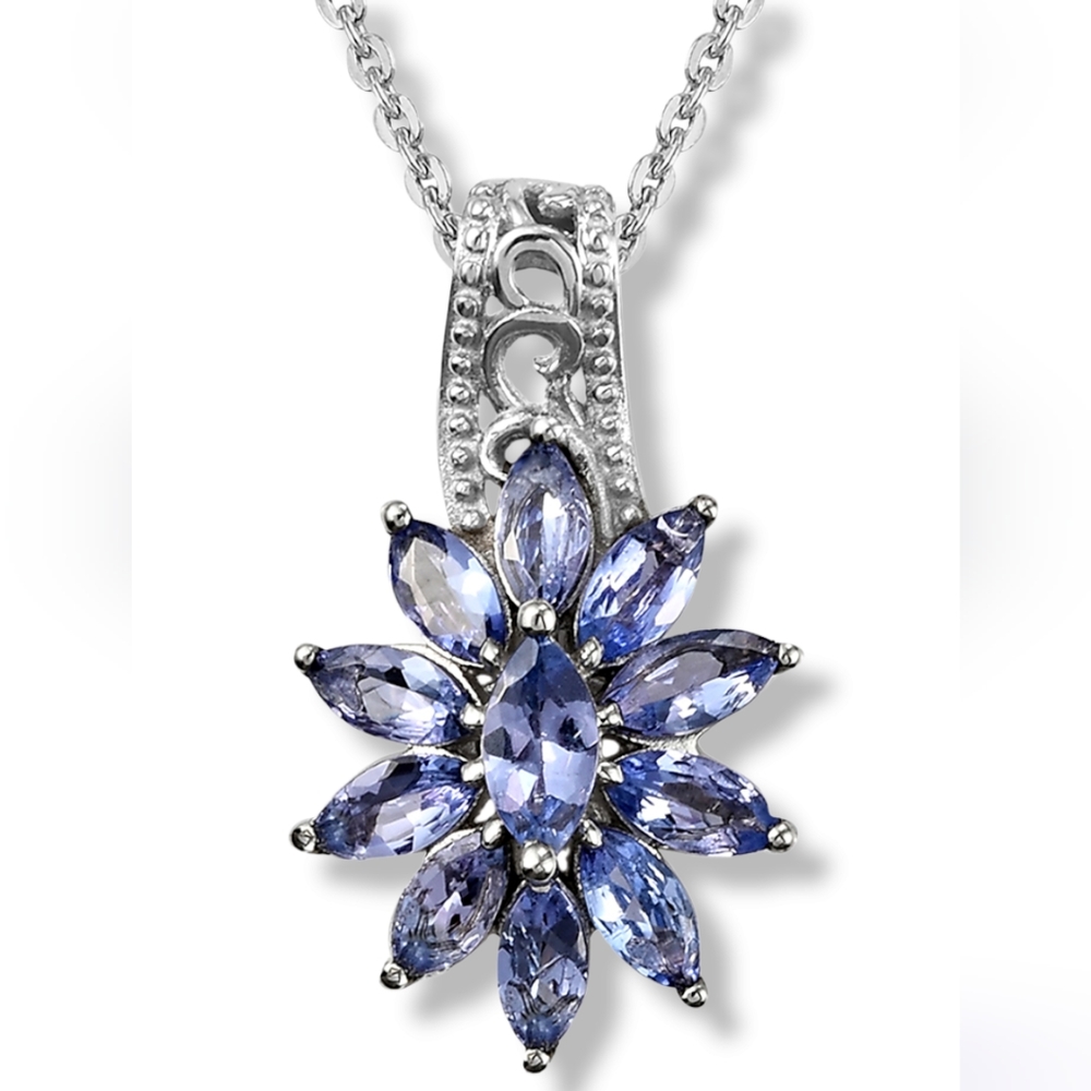 NWT GENUINE TANZANITE FLORAL PENDANT NECKLACE IN PLATINUM PLATED STERLING SILVER